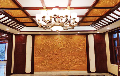 中沙中式别墅客厅中式木作横梁吊顶装饰展示